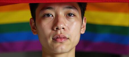 Portrait of tearyeyed Asian queertransgender person hidden beneath a vibrant pride flags stripes photo