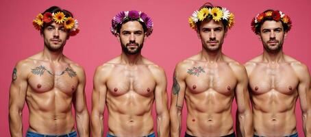 Shirtless gay men wearing wreaths stand covered in multicolor paint against a pink background photo