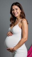 A photorealistic portrait showcases a graceful pregnant woman in colorful setting while she tenderly touches her belly photo
