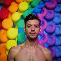 A vibrant LGBTQ pridethemed space design with an interwoven abstract rainbow backdrop featuring a colorful gradient and neon elements photo