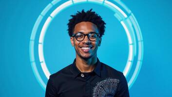 A stylish cyberinspired portrait of a young African American man wearing glasses against a blue backdrop embodying a sense of technological prowess and the future photo