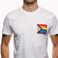 Closeup portrait showcasing a man in white tee and rainbowflag design commemorating Gay Pride Day photo