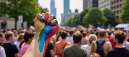 A powerful protest for LGBTQ rights depicted as an oil painting featuring a raised fist with a rainbowcolored Pride flag background and symbols of human diversity unity and female empowerment photo
