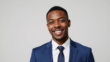 A happy young AfricanAmerican university student is captured midpose against an empty backdrop photo