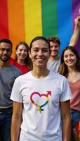 A captivating Pride Month scene celebrates LGBTQ love and inclusivity with a vibrant rainbow backdrop featuring a heart for transgender representation photo