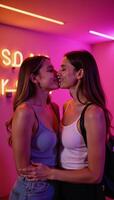 Art depicting tender moment between two adorable loving lesbian couples amidst vibrant Neon Pink backdrop symbolizing LGBT pride photo