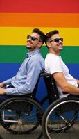 A portrait of an interracial gay couple enjoying pride day smiling and seated together on a rainbowcolored background in their casual attire and sunglasses photo