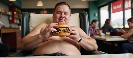 Obese man eating burger in chair Furinspired comical illustration photo