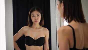 Woman in black lingerie examining herself in a mirror photo