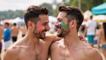 A joyous outdoor portrait featuring a colorfully painted loving LGBTQ couple sharing a smile photo