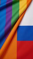 A silky texture rendition of the divided flags the Russian flag diagonally crossed by the rainbow pride flag photo