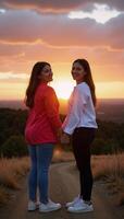 Celebrating Pride Month with a heartwarming depiction of two sisters strolling at sunset hands entwined in an expression of love and friendship exuding joy and happiness against a colorful LGBTQ photo