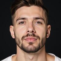 Closeup portrait of Caucasian bearded gay man wearing red lipstick with metrosexual aesthetic in a horizontal composition against an LGBTQ background photo