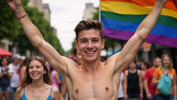 A portrait of a smiling LGBTQ individual nonbinary bi or homo with rainbow flag at Pride MarchParade on June 28 photo