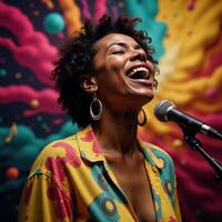 Digital painting of an AfricanAmerican woman powerfully and inspiringly singing against a vibrant abstract backdrop of music photo