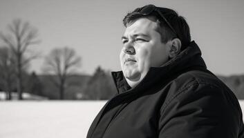 A large man dressed casually with a winter coat and sunglasses photo
