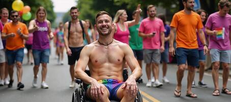 A man in a wheelchair joins the Gay Pride Parade donning a rainbow shirt amidst summer festivities and colorful decorations celebrating inclusion during Pride Month photo