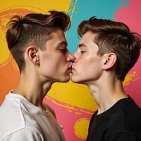 Two young men sharing a tender kiss in contemporary art collage presented creatively with popart retro flair highlighting themes of relationships love and emotions suitable for a romantic card on photo