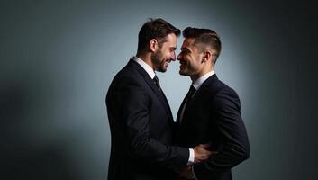 Exquisite studio portrait of gay couple using cinematic lighting against simple background photo