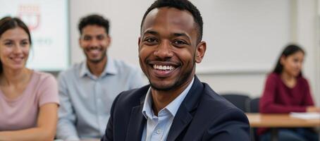 Smiling black college student poses in classroom with peers during study session photo