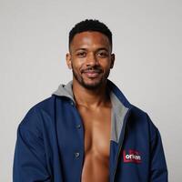 Portrait featuring a gay black man against a white background photo