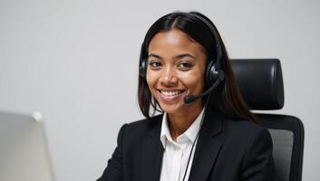 Young AfricanAmerican call center operator in a headset standing alone against a blank backdrop photo