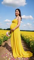 Pregnant woman standing amidst a sunflower field in a yellow gown photo