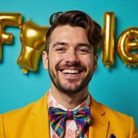Cheerful Gay Man against vibrant Festive Background Generative photo