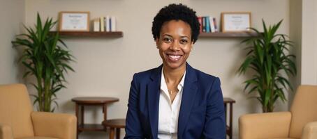 an African American psychology therapist seated in an inviting therapy room furnished with comfortable seating and soft ambient light photo