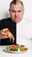 Obese man deliberating between salad pizza split screen In one short sentence I have condensed the prompt to emphasize that the scene involves an obese man contemplating a choice between healthy food photo