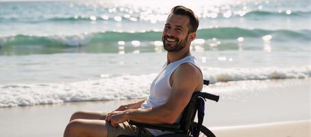 Smiling bearded man sunbathing in a wheelchair on a vibrant sundrenched beach with calm waves and shining sunlight realism warm tones gentle focus portraying serene beach life photo