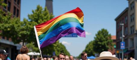 Celebratory scene showcasing a new Pride Flag design soaring against a blue sky symbolizing LGBTQ community unity and pride photo