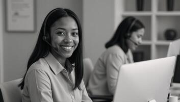 A Telemarketing Agent African American woman smiling while on duty during work in an office environment wearing headset and attending to calls photo