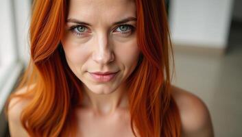 Portrait featuring a woman with striking vibrant red hair and mesmerizing green eyes photo