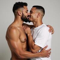 Young gay couple sharing an affectionate embrace kissing hugging photo