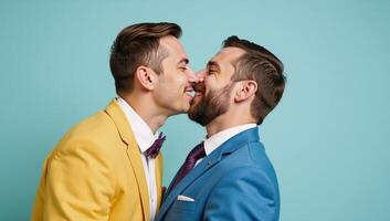 Whimsical scene showcases joyous LGBTQ couple with kiss on calm blue backdrop for romantic weddings photo