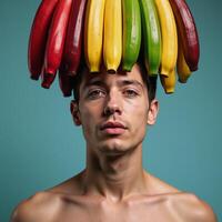 Rainbowcolored banana display showcasing a symbolic representation of gay love and pride set against a sensual mans face in the Tresome style photo