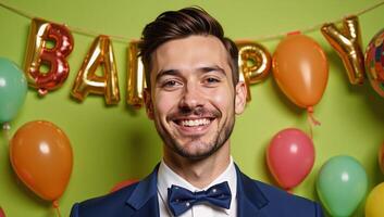 Cheerful Gay Man against vibrant Festive Background Generative photo