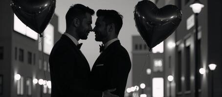 Concept Interracial gay couple celebrating Valentines Day silhouetted embrace between Asian and African American men expressing their love for one another photo