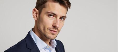 Closeup portrait of a man with an emphasis on his face showcasing a prominent jawline and defined features suggestive of a masculine gay individual photo