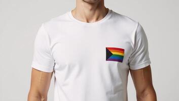 Closeup portrait showcasing a man in white tee and rainbowflag design commemorating Gay Pride Day photo