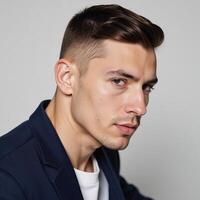 Closeup portrait of a man with an emphasis on his face showcasing a prominent jawline and defined features suggestive of a masculine gay individual photo