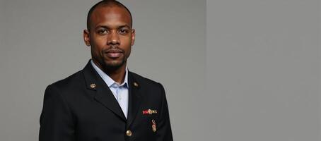 Angled portrait showcases resilient African American soldier in military uniform photo