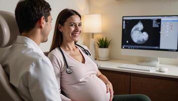 Pregnant woman meets with physician for consultation at comfortable clinic to discuss prenatal care and support photo