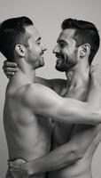 A heartfelt portrait showcases a loving LGBTQ couples embrace within a protective circle photo