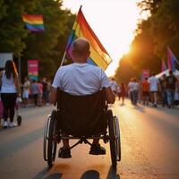 Disabled gay individual in wheelchair celebrating Pride Month at a colorful summer festival surrounded by autumn leaves and golden sunlight while waving the Rainbow Flag photo
