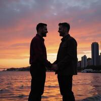 Two happy men embrace in a sunset seaside cityscape depicted only as joyful silhouettes with clasped hands photo
