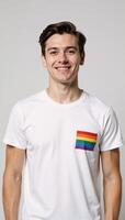 Closeup portrait showcasing a man in white tee and rainbowflag design commemorating Gay Pride Day photo
