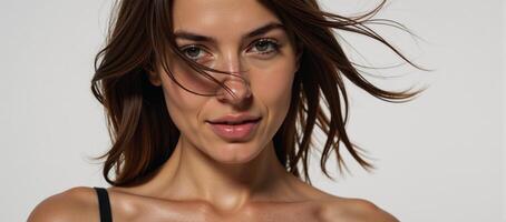 Woman with flowing hair has partially exposed chest while looking away photo