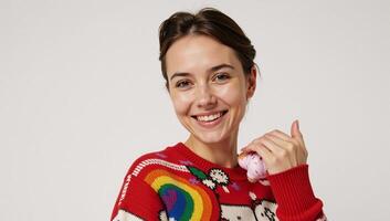 A humorous take on the holidays an eyecatching ugly Christmas sweater adorned with vibrant rainbows symbolizing LGBTQ pride photo